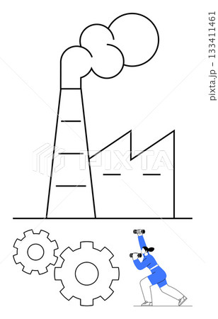 Factory building emitting smoke with gears and a worker using a hammer. Ideal for industrialization, manufacturing, production, labor force, automation, engineering, economic growth. Line metaphor 133411461
