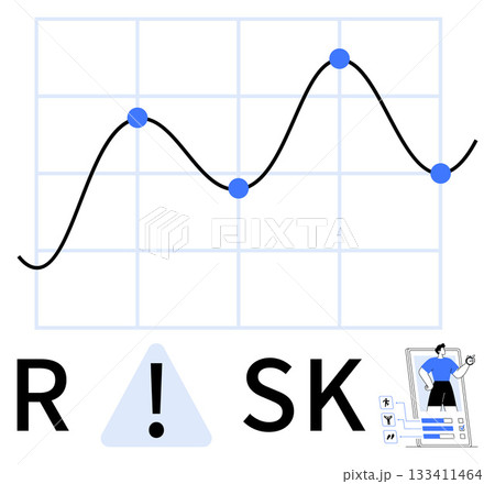 Rising and falling line graph with data points, RISK text featuring an exclamation mark, businessperson on smartphone. Ideal for financial analysis, investments, decision making, forecasting 133411464