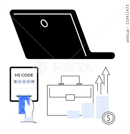 Payment made via card reader, briefcase symbolizing business, graphs with upward arrows, stacks of coins, laptop representing digital transactions. Ideal for finance, business growth, digital 133411473