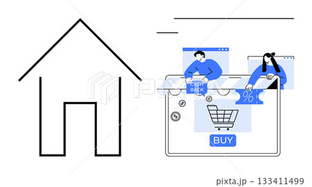 House icon on the left and two individuals shopping online on the right with cashback and discount icons. Ideal for e-commerce, online retail, digital marketing, home shopping, consumer behavior 133411499