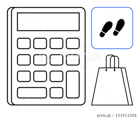 Large digital calculator with numerical buttons, footprint icon suggesting steps, and shopping bag. Ideal for finance, budgeting, shopping, business planning, activity tracking, retail analysis Large digital calculator with numerical buttons, footprint icon suggesting steps, and shopping bag. Ideal for finance, budgeting, shopping, business planning, activity tracking, retail analysis 133411508