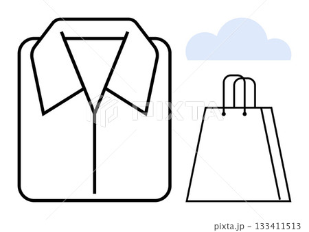 Folded shirt outlined in black with a shopping bag and light blue cloud. Ideal for online shopping, retail, deliveries, clothing stores, fashion, e-commerce, and marketing themes. Line metaphor 133411513