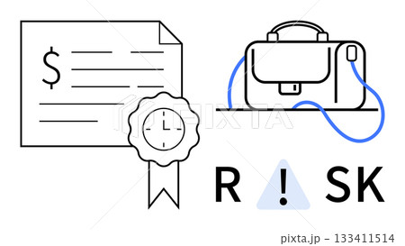 Financial certificate, briefcase, and risk warning symbol with exclamation point. Ideal for finance, investment, business security, risk management, corporate presentations, educational materials 133411514