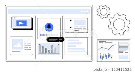 Digital dashboard with video player, microphone, charts, graphs, and data widgets. Two gears and a separate graph tablet. Ideal for analytics, business, tech, finance, marketing, presentations Digital dashboard with video player, microphone, charts, graphs, and data widgets. Two gears and a separate graph tablet. Ideal for analytics, business, tech, finance, marketing, presentations 133411523