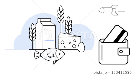 Groceries, wallet with credit card, and rocket. Ideal for online shopping, e-commerce, grocery delivery, financial services, digital payments food industry speed. Line metaphor 133411556