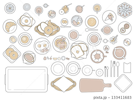大人ミニマルの朝食カフェ俯瞰セット(パンケーキ・トースト・コーヒー・食器・カトラリーのベクター素材) 大人ミニマルの朝食カフェ俯瞰セット(パンケーキ・トースト・コーヒー・食器・カトラリーのベクター素材) 133411683