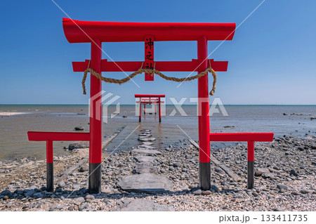Red torii gates at Oouo Shrine by Ariake sea, Tara Town, Saga 133411735