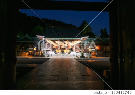 Gate to Miyajidake Shrine with big rope light up at night, Fukuoka Gate to Miyajidake Shrine with big rope light up at night, Fukuoka 133411749