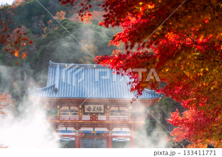 Katsuoji temple Sanmon gate with red maple leaf and steam in fall, Osaka Katsuoji temple Sanmon gate with red maple leaf and steam in fall, Osaka 133411771