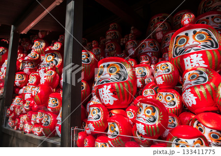 Daruma dolls in wooden cabinet decor at Katsuo-ji temple, Osaka 133411775