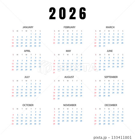 Minimalist vector illustration of the 2026 calendar 133411801