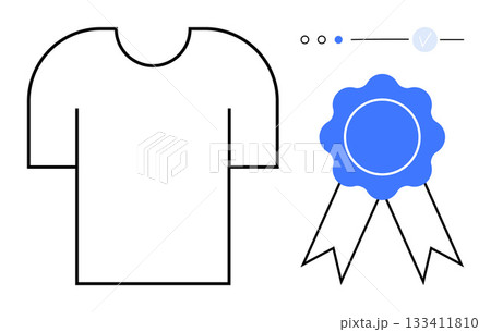 T-shirt outline with a blue quality certification badge and a rating scale. Ideal for product quality, apparel design, certifications, awards, branding, customer satisfaction, online reviews. Line 133411810