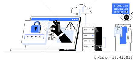 Laptop displaying secure login elements, warning, and key symbol with data center, cloud, and surveillance in background. Ideal for cybersecurity, data protection, tech education, software Laptop displaying secure login elements, warning, and key symbol with data center, cloud, and surveillance in background. Ideal for cybersecurity, data protection, tech education, software 133411813