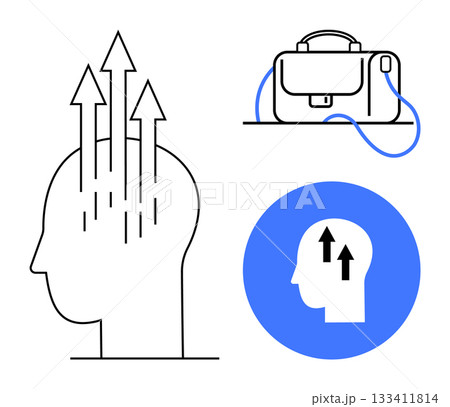 Head silhouette with upward arrows, briefcase with handle, and head icon inside blue circle with arrows. Ideal for business, career growth, personal development, learning, motivation, leadership 133411814