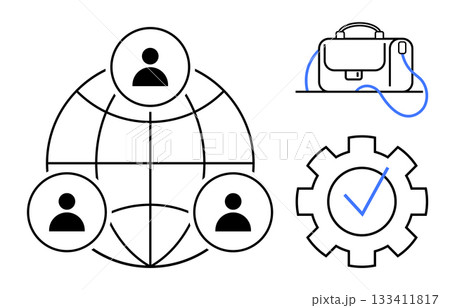 Icons of global team connectivity, briefcase, and gear with checkmark. Ideal for teamwork, business strategies, project management, global networking, efficiency optimization, productivity tools 133411817