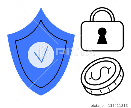Blue shield with checkmark, black lock, and coin with dollar sign. Ideal for cybersecurity, finance, privacy, secure transactions, digital wallets. Line metaphor Blue shield with checkmark, black lock, and coin with dollar sign. Ideal for cybersecurity, finance, privacy, secure transactions, digital wallets. Line metaphor 133411818