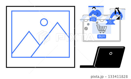 Laptop open beside browser window with shopping cart, buy button, cashback, percentage sign icons, and user avatars. Ideal for online retail, digital marketing, e-commerce, web development consumer Laptop open beside browser window with shopping cart, buy button, cashback, percentage sign icons, and user avatars. Ideal for online retail, digital marketing, e-commerce, web development consumer 133411828