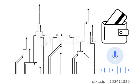 City skyline with circuit patterns, smart wallet holding a credit card, and a voice recognition icon. Ideal for smart cities, technology, fintech, digital payments, AI integration, mobile wallets 133411829