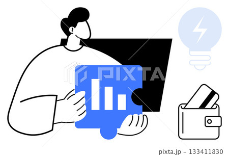 Person holding puzzle piece with bar chart, wallet containing card, and lightbulb icon representing idea. Ideal for finance, analytics, business strategy, economic solutions, problem solving 133411830