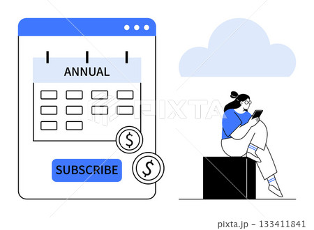 Calendar displaying annual subscription option with dollar sign icons. Figure on the right using a smartphone. Ideal for subscription services, online payments, digital marketing, e-commerce, SaaS 133411841