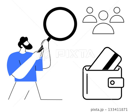 Man holding a magnifying glass looking at a wallet with a credit card and group of people icons. Ideal for finance, security, identity verification, research, payment processing, customer analysis 133411871