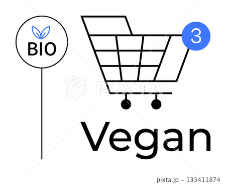 Shopping cart with three-item alert, bio label with leaf symbol, and Vegan text. Ideal for healthy living, veganism, organic products, eco-friendly lifestyle, sustainable choices, plant-based diets 133411874