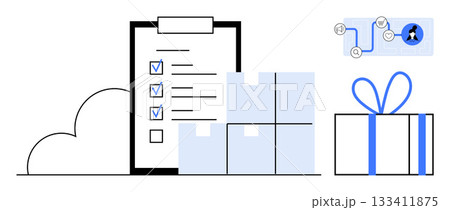 Checklist with completed tasks, boxes, supply chain diagram, gift box with bow. Ideal for project management, organization, logistics, supply chain productivity business celebrations. Line Checklist with completed tasks, boxes, supply chain diagram, gift box with bow. Ideal for project management, organization, logistics, supply chain productivity business celebrations. Line 133411875