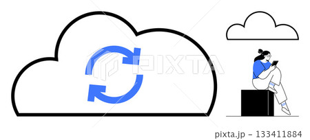 Large cloud with sync arrow icon, person using tablet, another smaller cloud. Ideal for cloud storage, data sync, technology, mobile access, remote work digital security. Modern line metaphor 133411884