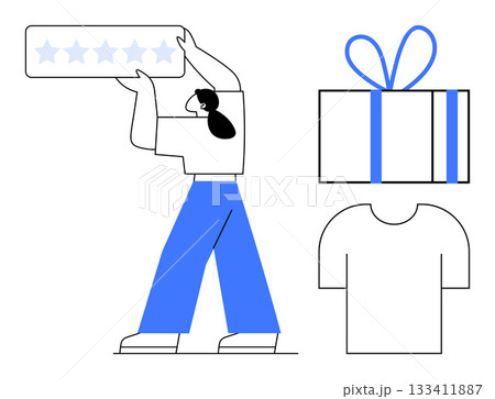Person holding 5-star rating above head, gift box with ribbon, and T-shirt. Ideal for customer feedback, online reviews, e-commerce, consumer satisfaction, delivery services, product ratings 133411887