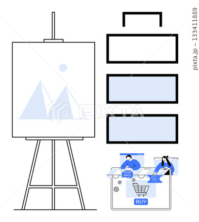 Easel with canvas displaying abstract art, adjacent to segmented timeline blocks lower section features e-commerce dashboard and online shopping actions. Ideal for creative presentations, business 133411889