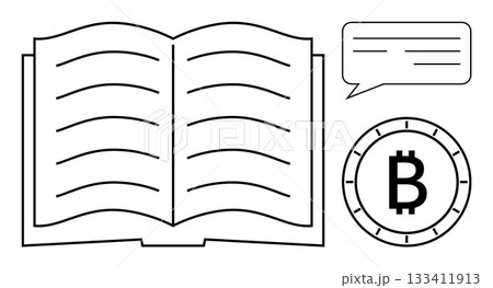 Open book with visible text lines, speech bubble, and a Bitcoin symbol. Ideal for financial literacy, education, communication, cryptocurrency, modern technology, digital economy, and blockchain 133411913
