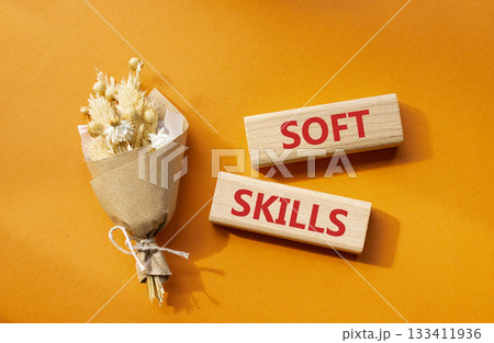 Soft skills symbol. Wooden blocks with words Soft skills. Beautiful orange background. Business and Soft skills concept. Copy space. Soft skills symbol. Wooden blocks with words Soft skills. Beautiful orange background. Business and Soft skills concept. Copy space. 133411936