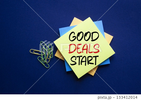 Good Deals Start symbol. Sticky Notes with words Good Deals Start. Beautiful deep blue background. Business and Good Deals Start concept. Copy space. Good Deals Start symbol. Sticky Notes with words Good Deals Start. Beautiful deep blue background. Business and Good Deals Start concept. Copy space. 133412014