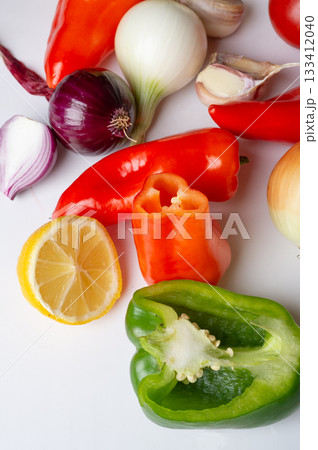 Fresh beautiful ripe organic vegetables against white background. flat lay 133412040
