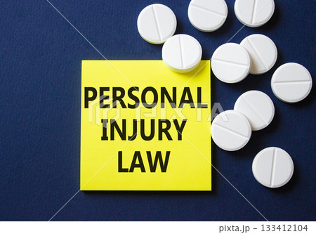 Personal Injury Law symbol. Concept words Personal Injury Law on yellow note. Beautiful deep blue background with pills. Healthcare and Personal Injury Law concept. Copy space. 133412104