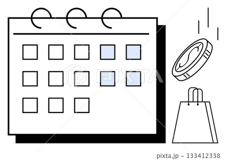 Calendar with marked dates, coin dropping, and shopping bag. Ideal for financial planning, budgeting, scheduling, retail sales, marketing campaigns event planning and time management. Line metaphor Calendar with marked dates, coin dropping, and shopping bag. Ideal for financial planning, budgeting, scheduling, retail sales, marketing campaigns event planning and time management. Line metaphor 133412338