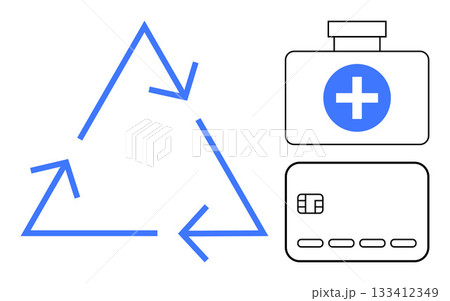 Recycling arrows form a triangle next to a first aid kit with a medical cross and a payment card. Ideal for healthcare, sustainability, ecology, finance, medical services, environmental conservation 133412349