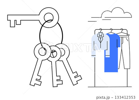 Set of four keys on a ring beside a clothing rack holding shirts, a jacket, and pants. Ideal for home security, fashion, organization, retail, key management shopping lifestyle. Line metaphor 133412353