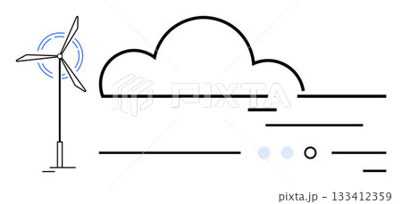 Wind turbine with rotating blades next to a cloud and horizontal airflow lines. Ideal for clean energy, sustainability, environment, green technology, climate action, renewable resources, future 133412359
