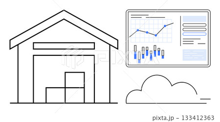 Warehouse with stacked boxes and analytics dashboard featuring graphs and data charts. Cloud icon representing storage. Ideal for logistics, supply chain, inventory management, data analysis, cloud Warehouse with stacked boxes and analytics dashboard featuring graphs and data charts. Cloud icon representing storage. Ideal for logistics, supply chain, inventory management, data analysis, cloud 133412363