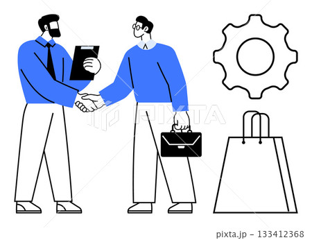 Two business professionals shaking hands, one holding a briefcase. Nearby, a large gear and a shopping bag. Ideal for business deals, partnerships, teamwork, success, commerce collaboration Two business professionals shaking hands, one holding a briefcase. Nearby, a large gear and a shopping bag. Ideal for business deals, partnerships, teamwork, success, commerce collaboration 133412368