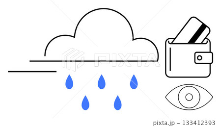 Cloud releasing blue raindrops beside a digital wallet with credit card and an outlined eye symbol. Ideal for cybersecurity, digital payments, cloud services, data privacy, financial security, online Cloud releasing blue raindrops beside a digital wallet with credit card and an outlined eye symbol. Ideal for cybersecurity, digital payments, cloud services, data privacy, financial security, online 133412393