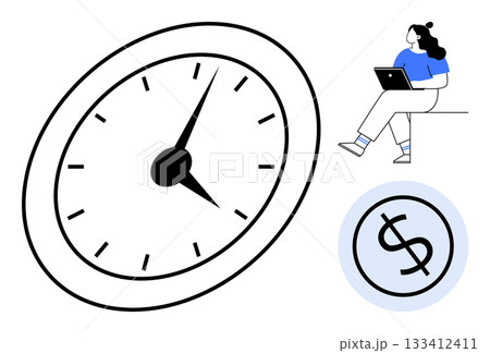 Large clock with numbered markings, woman sitting with a laptop, and a dollar sign in a circle. Ideal for productivity, time management, project planning, remote work, efficiency, business strategy 133412411