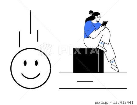 Black haired individual wearing glasses, blue shirt, sitting on cube reading tablet. Falling smiling face beside. Ideal for education, technology, relaxation, leisure, abstract art mental health 133412441