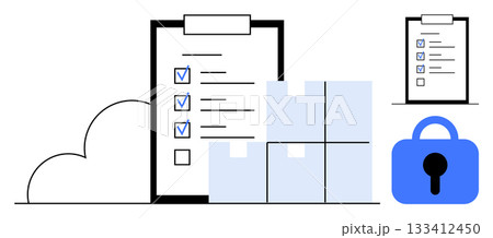 A clipboard with checklists, shipping boxes, a cloud icon and a lock icon. Ideal for warehouses, logistics, security systems, data storage, cloud technology, cargo management 133412450