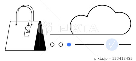 Shopping bag with a percentage tag, stylized cloud, and navigation dots. Ideal for online shopping, e-commerce platforms, digital marketing, cloud services, data management, retail sales promotions Shopping bag with a percentage tag, stylized cloud, and navigation dots. Ideal for online shopping, e-commerce platforms, digital marketing, cloud services, data management, retail sales promotions 133412453