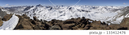Snowy panorama of Leirdalen valley viewed from Kyrkja mountain top on June 21 in Jotunheimen National Park, Norway 133412476
