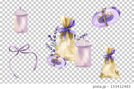 Lavender aroma spa watercolor set with fabric sachet, purple soap bar, candle and violet bow, spa composition illustration.Hand drawn skin and body care collection,organic cosmetics clipart for design Lavender aroma spa watercolor set with fabric sachet, purple soap bar, candle and violet bow, spa composition illustration.Hand drawn skin and body care collection,organic cosmetics clipart for design 133412483