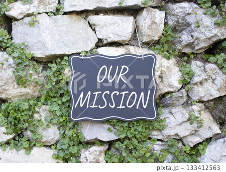 Our Mission symbol. Stone wall with words Our Mission. Beautiful stone background with plants. Business and Our Mission concept. Copy space. 133412563