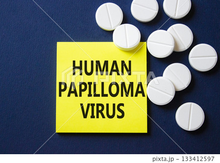 Human Papilloma Virus symbol. Concept word Human Papilloma Virus on yellow note. Beautiful deep blue background with pills. Medicine and Human Papilloma Virus concept. Copy space Human Papilloma Virus symbol. Concept word Human Papilloma Virus on yellow note. Beautiful deep blue background with pills. Medicine and Human Papilloma Virus concept. Copy space 133412597
